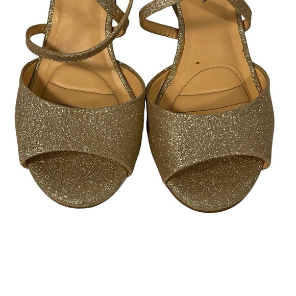 American Glamour Badgley Mischka Gold Glitter Dressy Strappy Wedge Sandals Sz 7 - Picture 3 of 14